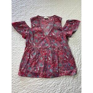 Lucky Brand Pink Cold Shoulder Vneck Floral Print Blouse size small